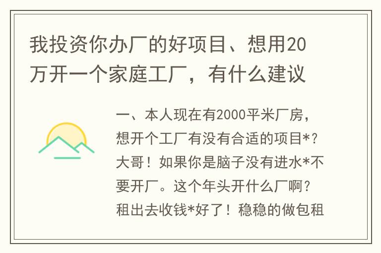 我投资你办厂的好项目、想用20万开一个家庭工厂，有什么建议？